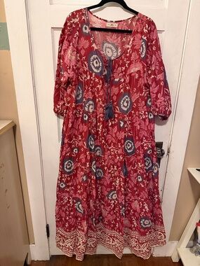 NATURAL LIFE Red and Pink Floral Tie-Neck Boho Dress